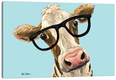 Cow Miss Moo Moo With Glasses On Turquoise Canvas Art Print - Hippie Hound Studios