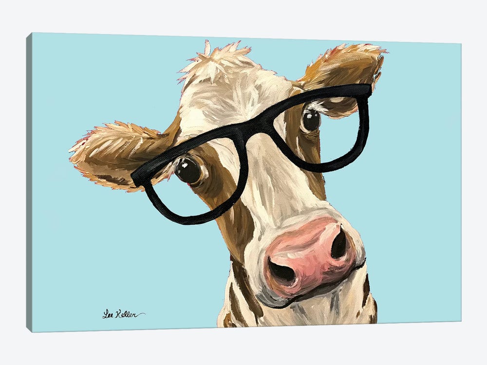 Cow Miss Moo Moo With Glasses On Turquoise by Hippie Hound Studios 1-piece Canvas Art