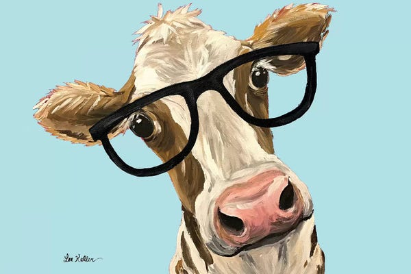 Animal Humor: Cow Miss Moo Moo With Glasses On Turquoise by Hippie Hound Studios