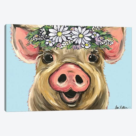 Pig Posey On Turquoise Daisies Canvas Print #HHS447} by Hippie Hound Studios Art Print