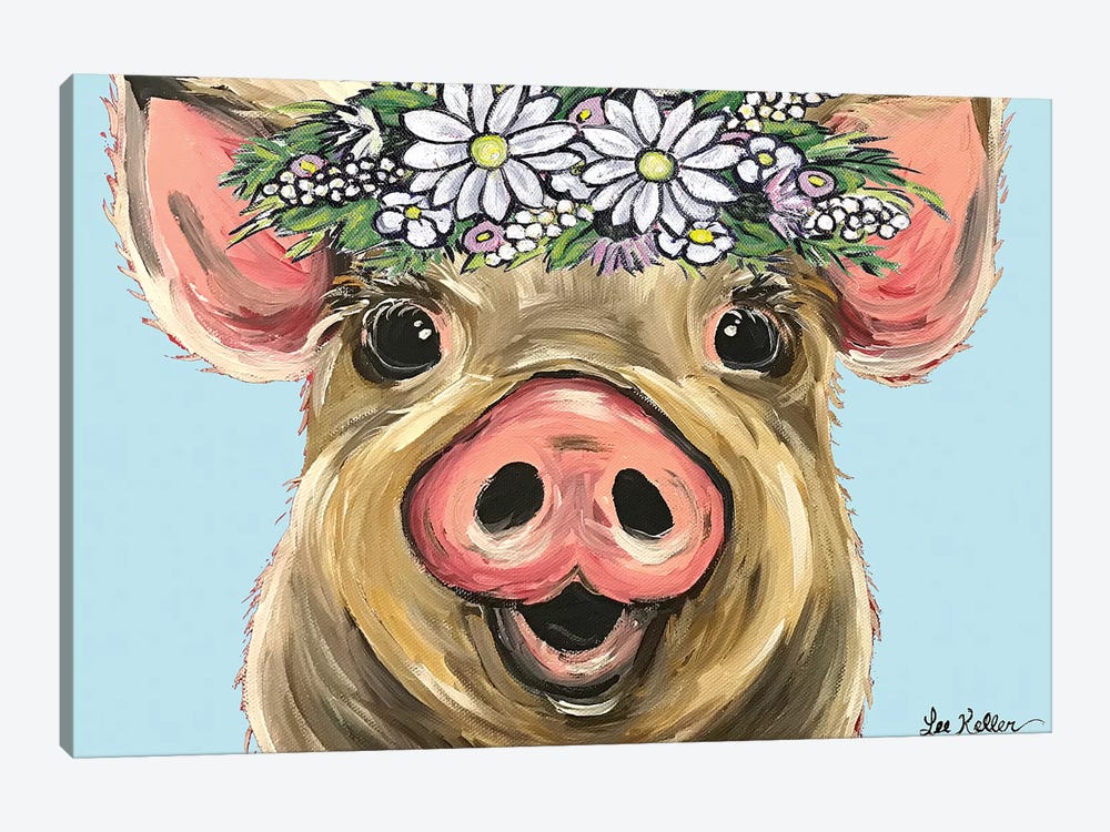 Pig Posey On Turquoise Daisies by Hippie Hound Studios 1-piece Canvas Print