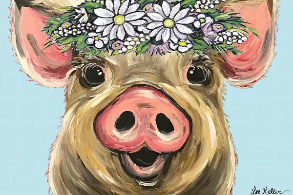 Pigs: Pig Posey On Turquoise Daisies by Hippie Hound Studios