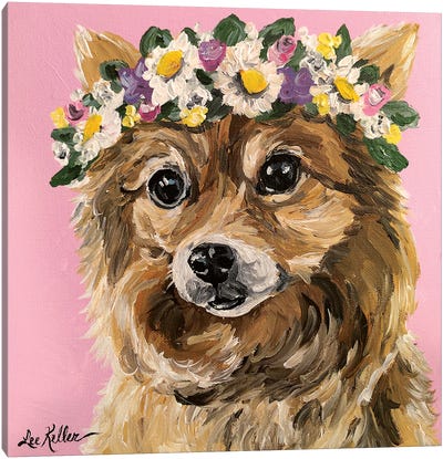 Pomeranian With Flowers Canvas Art Print - Pomeranian Art