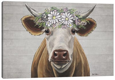 Tank The Cow With Daisy Flower Crown Canvas Art Print - Modern Farmhouse Bedroom Art