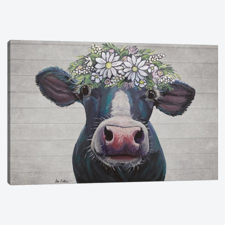 Clara The Cow With Daisies Farmhouse Style Canvas Print #HHS533} by Hippie Hound Studios Canvas Wall Art