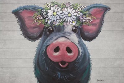Lulu The Pig With Daisies Farmhouse Style by Hippie Hound Studios framed wall art
