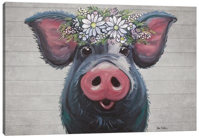 Lulu The Pig With Daisies Farmhouse Style Canvas Art Print - Daisy Art