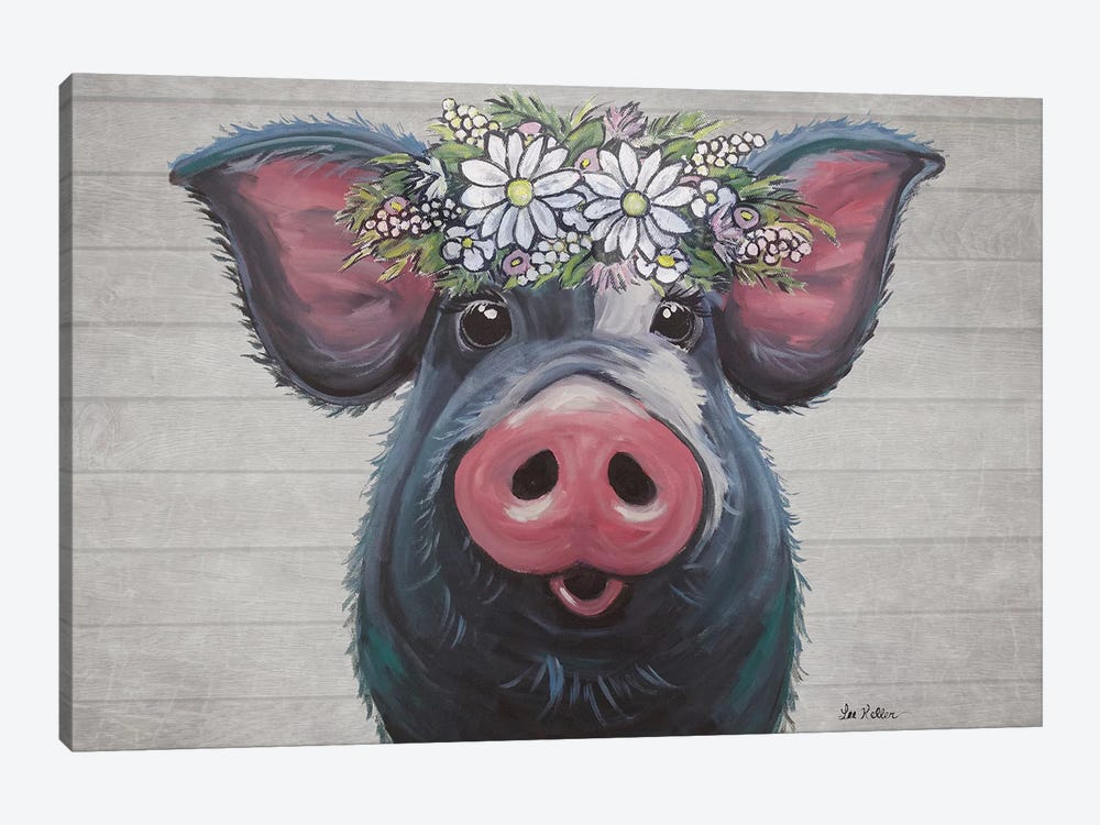 Lulu The Pig With Daisies Farmhouse Style by Hippie Hound Studios 1-piece Canvas Artwork
