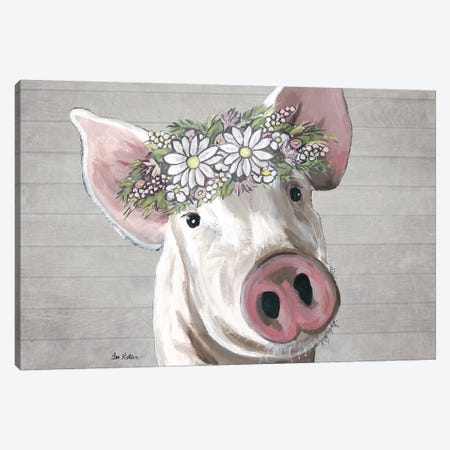 Petunia The Pig With Daisies Farmhouse Style Canvas Print #HHS535} by Hippie Hound Studios Canvas Print