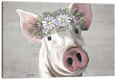 Petunia The Pig With Daisies Farmhouse Style Canvas Art Print - Modern Farmhouse Bedroom Art