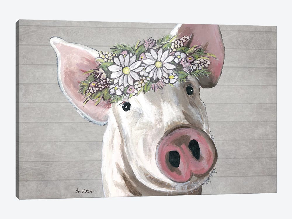 Petunia The Pig With Daisies Farmhouse Style by Hippie Hound Studios 1-piece Canvas Print