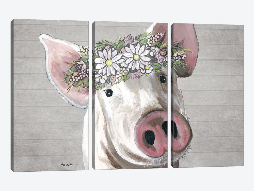 Petunia The Pig With Daisies Farmhouse Style by Hippie Hound Studios 3-piece Art Print