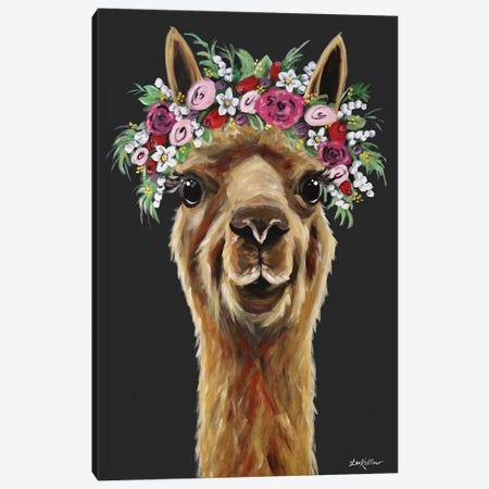 Fiona The Alpaca With Flower Crown On Black Canvas Print #HHS538} by Hippie Hound Studios Canvas Wall Art