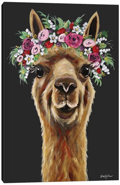 Fiona The Alpaca With Flower Crown On Black Canvas Art Print - Hippie Hound Studios