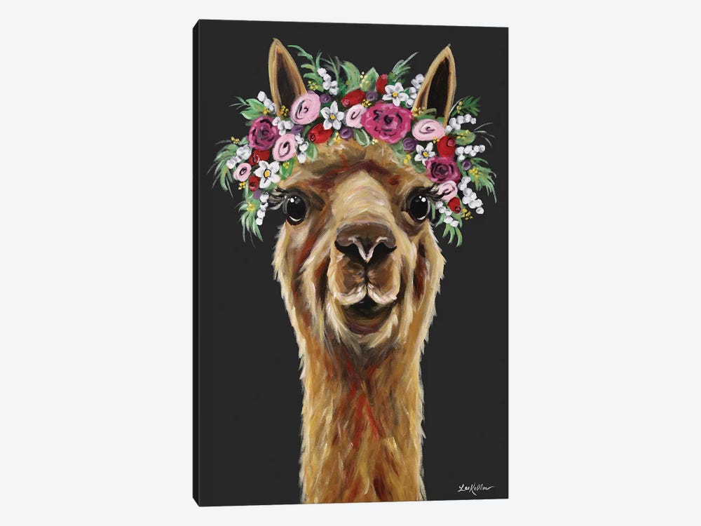 Fiona The Alpaca With Flower Crown On Black by Hippie Hound Studios 1-piece Canvas Wall Art