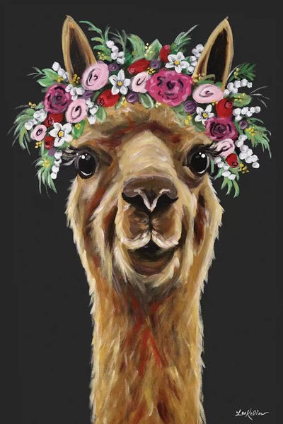 Alpacas: Fiona The Alpaca With Flower Crown On Black by Hippie Hound Studios