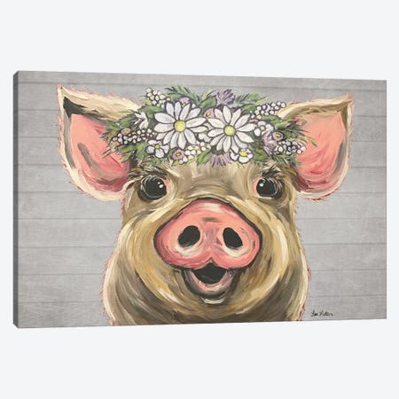 Posey The Pig With Daisies Farmhouse Style Canvas Print #HHS539} by Hippie Hound Studios Canvas Artwork