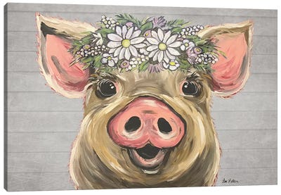 Posey The Pig With Daisies Farmhouse Style Canvas Art Print - Daisy Art