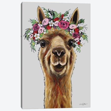 Fiona The Alpaca With Flower Crown On Gray Canvas Print #HHS540} by Hippie Hound Studios Canvas Art Print
