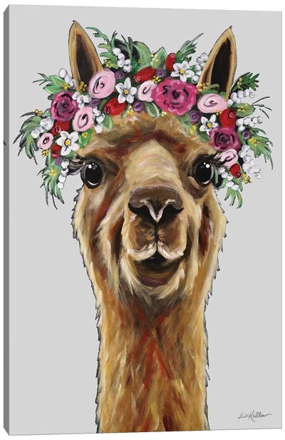 Fiona The Alpaca With Flower Crown On Gray Canvas Art Print - Hippie Hound Studios
