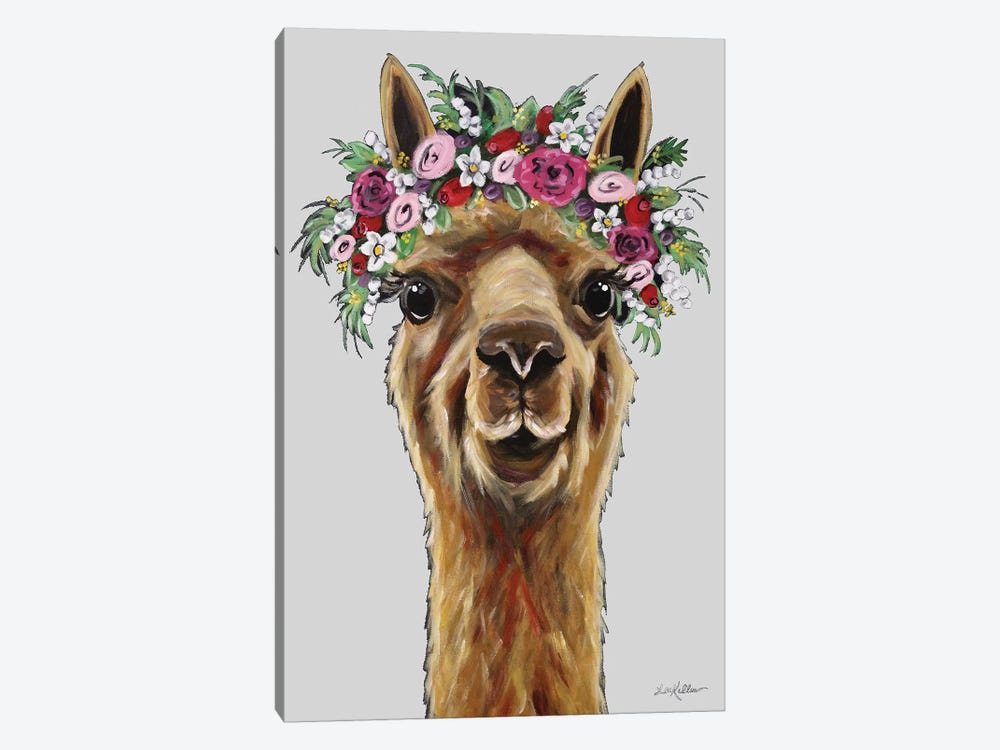 Fiona The Alpaca With Flower Crown On Gray by Hippie Hound Studios 1-piece Canvas Print