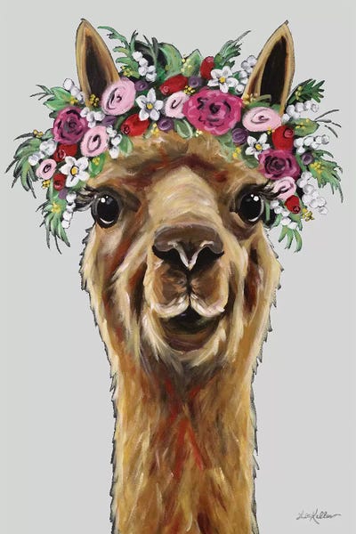 Alpacas: Fiona The Alpaca With Flower Crown On Gray by Hippie Hound Studios