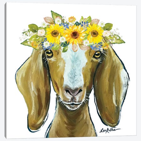 Madge The Goat With Sunflowers Flower Crown Canvas Print #HHS543} by Hippie Hound Studios Art Print