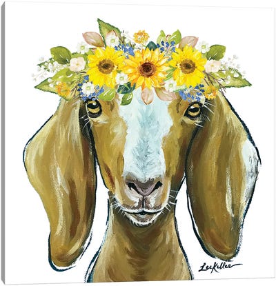 Madge The Goat With Sunflowers Flower Crown Canvas Art Print - Goat Art