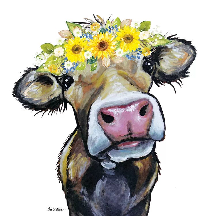 Hazel The Cow With Sunflower Flower Crown by Hippie Hound Studios wall art