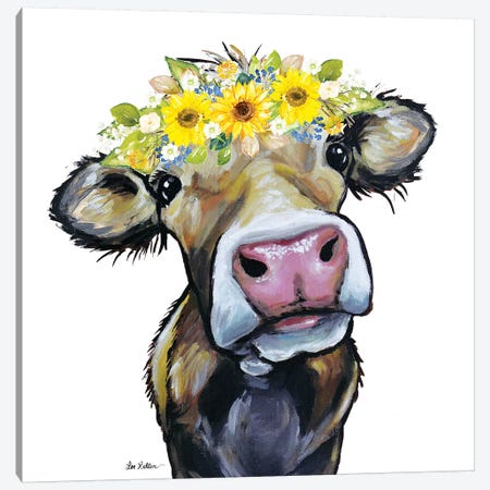 Hazel The Cow With Sunflower Flower Crown Canvas Print #HHS544} by Hippie Hound Studios Canvas Wall Art