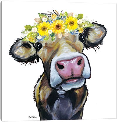 Hazel The Cow With Sunflower Flower Crown Canvas Art Print - Hippie Hound Studios
