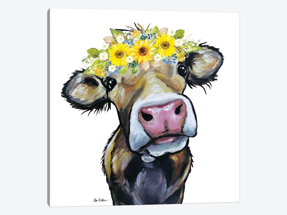 Hazel The Cow With Sunflower Flower Crown by Hippie Hound Studios 1-piece Art Print