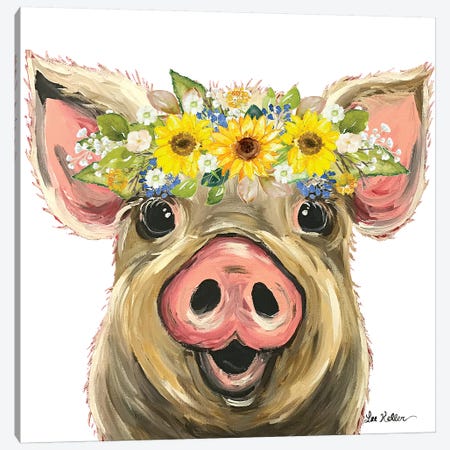 Posey The Pig With Sunflower Flower Crown Canvas Print #HHS545} by Hippie Hound Studios Canvas Artwork