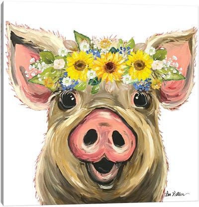 Posey The Pig With Sunflower Flower Crown Canvas Art Print - Hippie Hound Studios