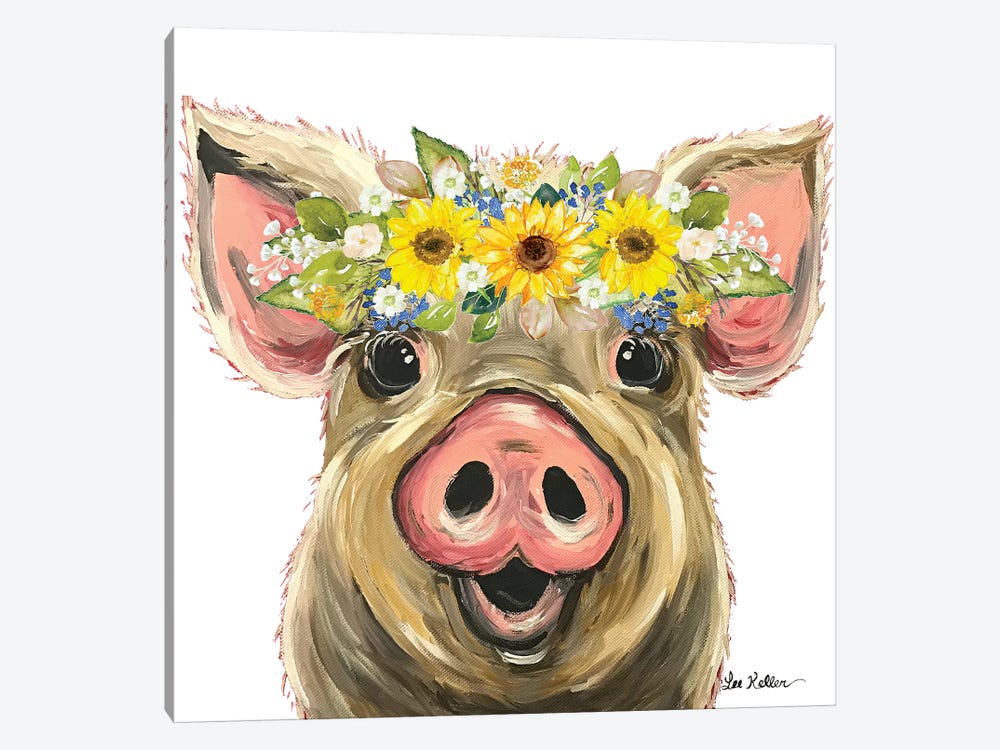 Posey The Pig With Sunflower Flower Crown by Hippie Hound Studios 1-piece Canvas Artwork