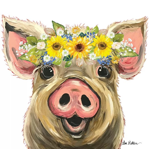 Pigs: Posey The Pig With Sunflower Flower Crown by Hippie Hound Studios