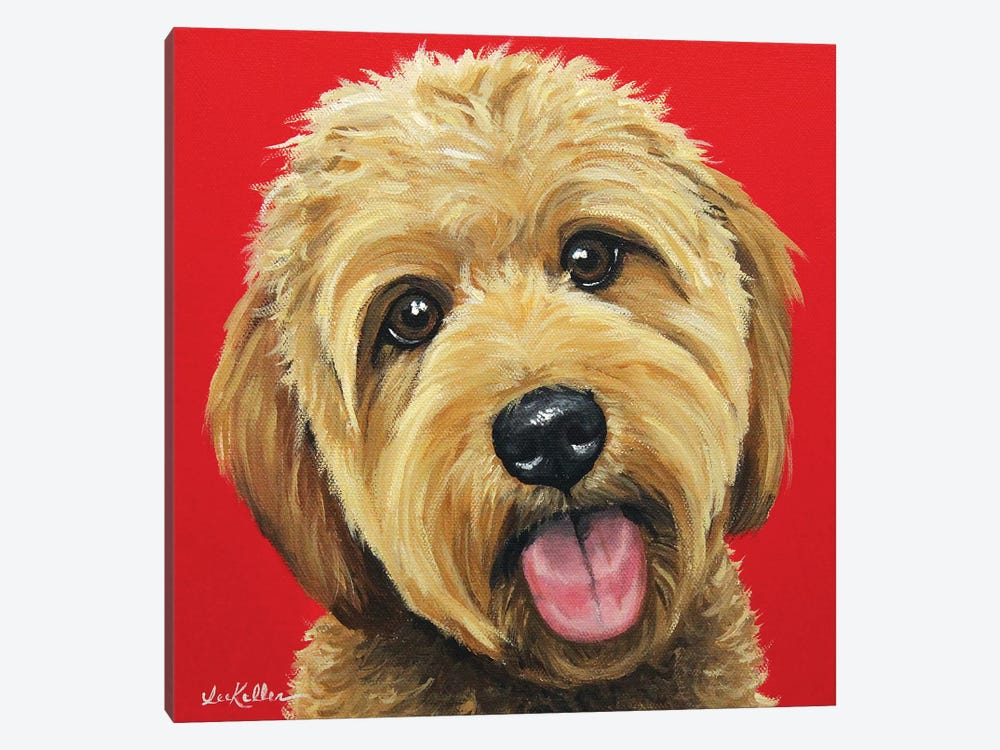 Apricot Golden Doodle On Red by Hippie Hound Studios 1-piece Canvas Artwork