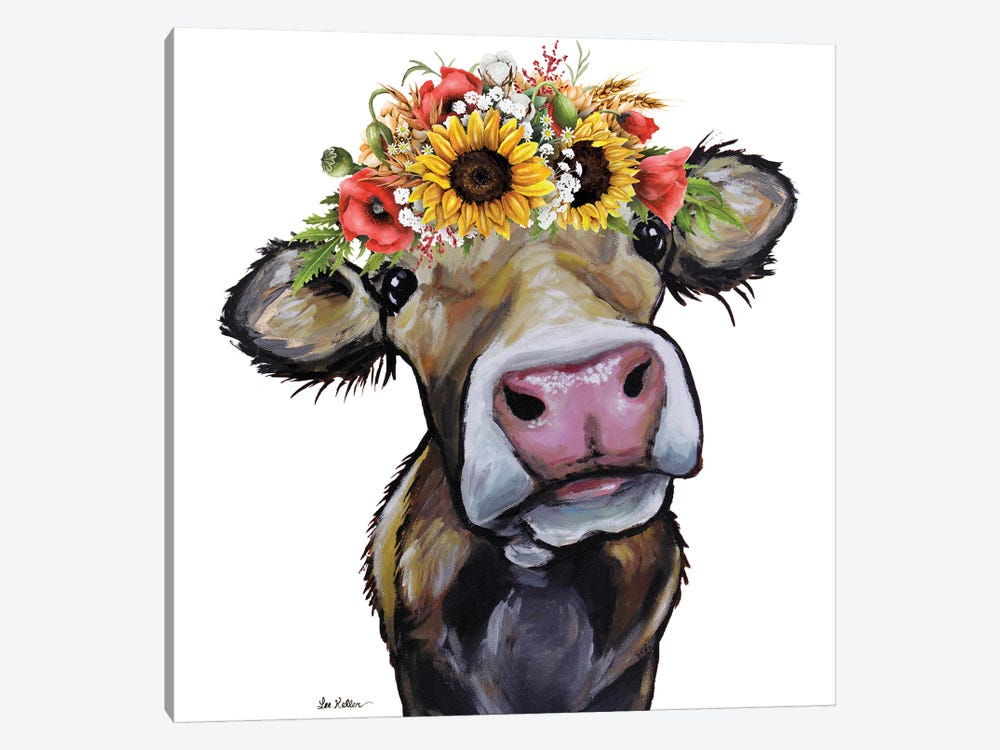 Cow Sunflower Art, Hazel by Hippie Hound Studios 1-piece Canvas Print