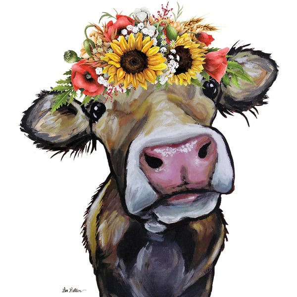 Modern Farmhouse Décor: Cow Sunflower Art, Hazel by Hippie Hound Studios
