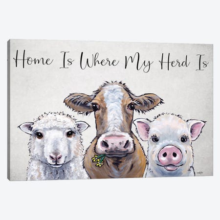 Farm Animal Sign Sheep, Cow, Pig, Home Is Where My Herd Is Canvas Print #HHS570} by Hippie Hound Studios Canvas Art