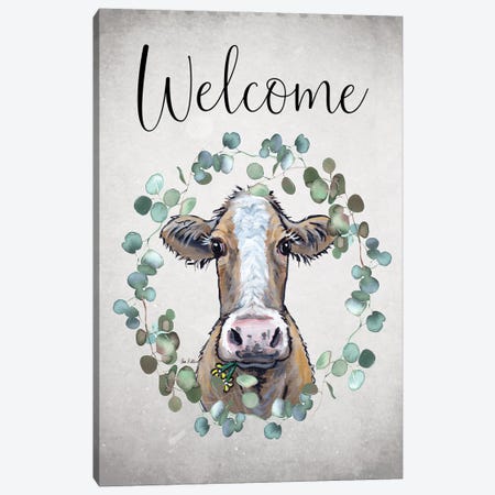 Cow Welcome Sign, Farmhouse Cow Art Canvas Print #HHS571} by Hippie Hound Studios Canvas Artwork