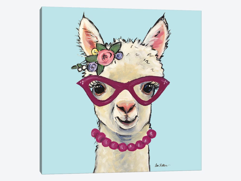 Alpaca With Pink Glasses, Cute Alpaca Art 'Sophia' by Hippie Hound Studios 1-piece Canvas Artwork