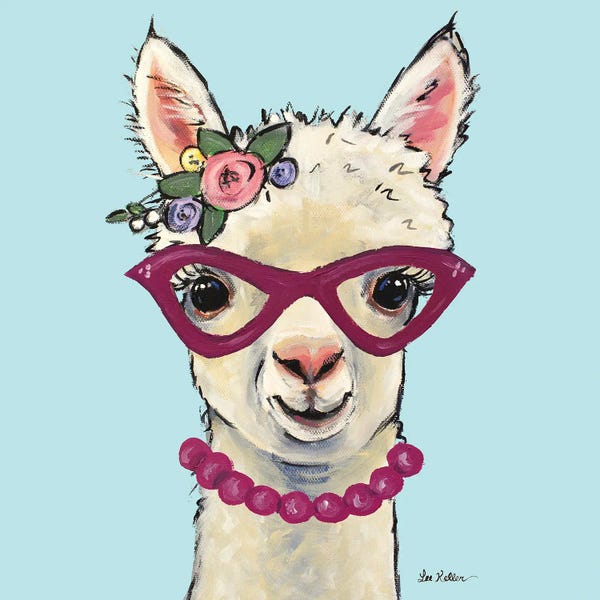 Hippie Hound Studios: Alpaca With Pink Glasses, Cute Alpaca Art 'Sophia' by Hippie Hound Studios