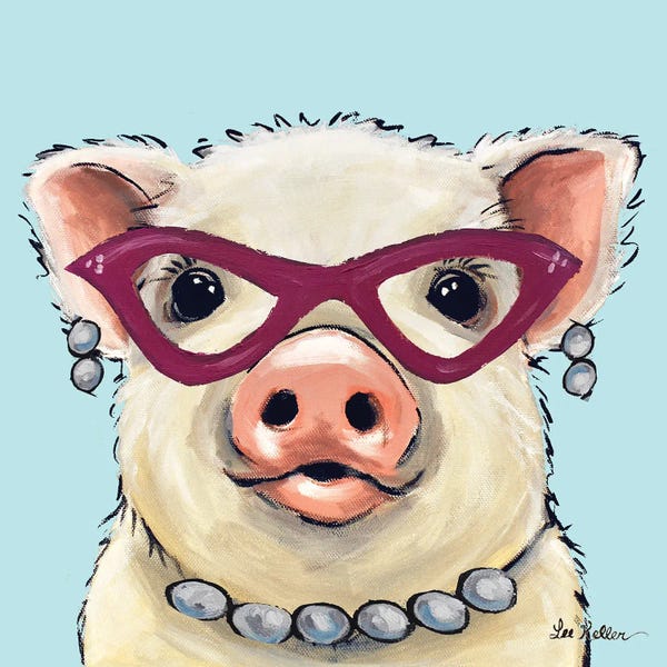 Hippie Hound Studios: Pig With Pink Glasses, Cute Pig Art 'Paisley' by Hippie Hound Studios