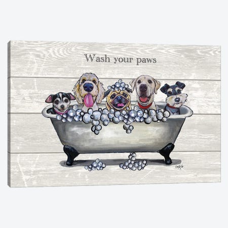 Tub With Dogs, Bathroom Dogs, Wash Your Paws Canvas Print #HHS576} by Hippie Hound Studios Art Print