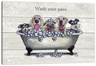 Tub With Dogs, Bathroom Dogs, Wash Your Paws Canvas Art Print - Bathroom Art