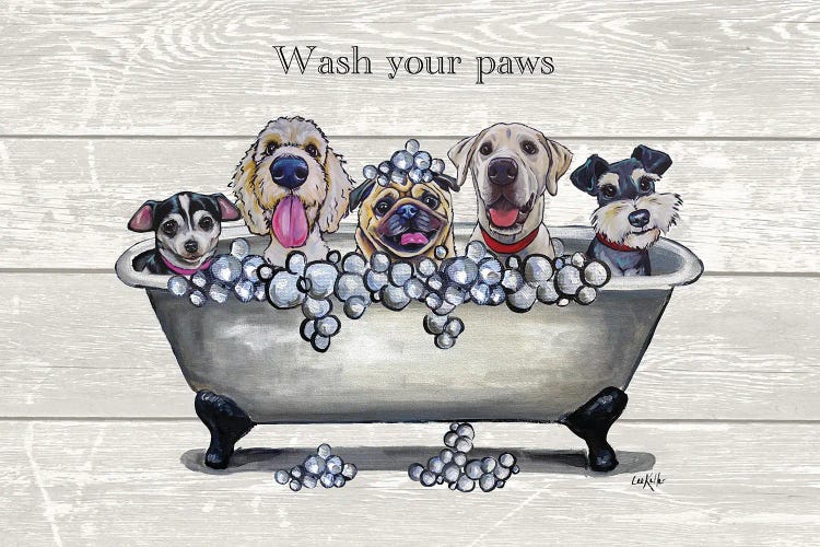 Tub With Dogs, Bathroom Dogs, Wash Your Paws by Hippie Hound Studios wall art