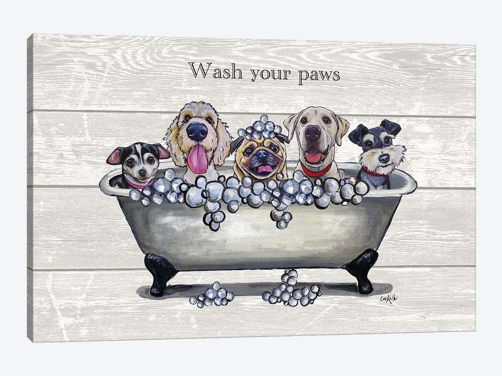 Tub With Dogs, Bathroom Dogs, Wash Your Paws by Hippie Hound Studios 1-piece Canvas Wall Art