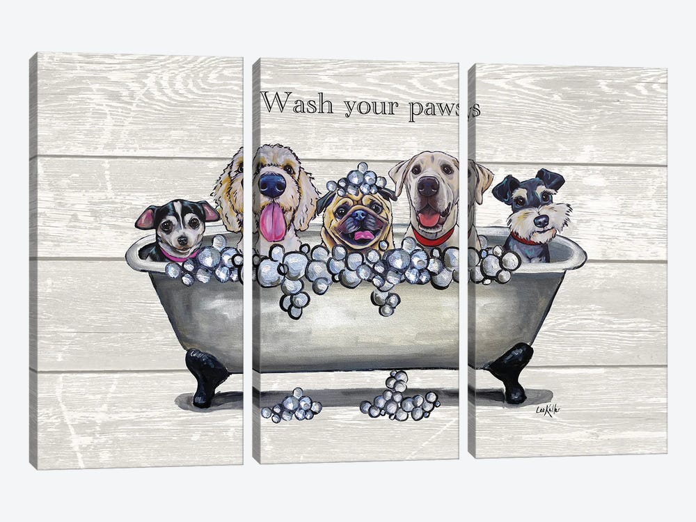 Tub With Dogs, Bathroom Dogs, Wash Your Paws by Hippie Hound Studios 3-piece Canvas Artwork