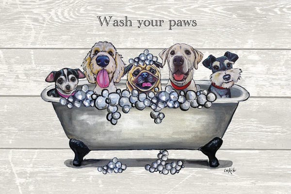 By Personality: Tub With Dogs, Bathroom Dogs, Wash Your Paws by Hippie Hound Studios